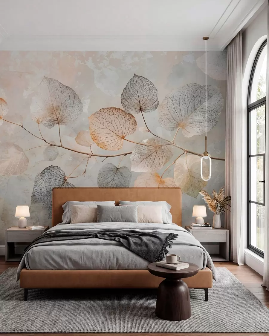 wall murals Delicate leaves with intricate veins and soft, muted colors against a pale textured background w08469