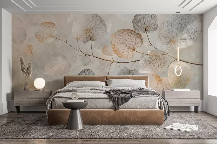 wall murals Delicate leaves with intricate veins and soft, muted colors against a pale textured background w08469