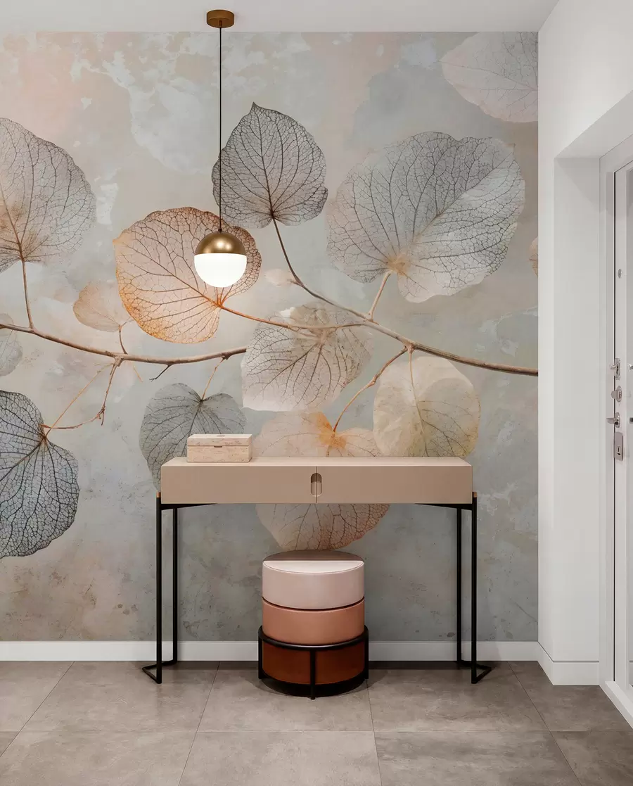wall murals Delicate leaves with intricate veins and soft, muted colors against a pale textured background w08469