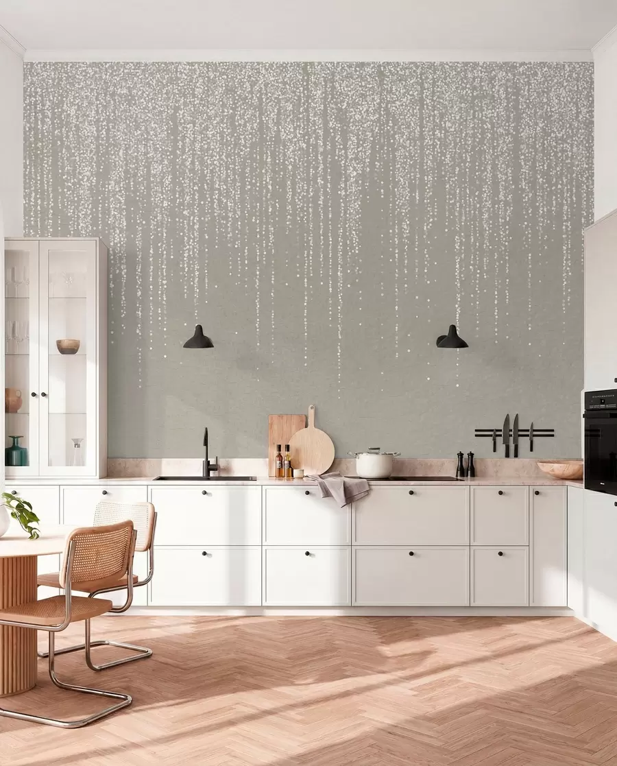 wall murals A vertical elegant print of dotted garland on a beige textured background, creating a sense of depth and movement w08470