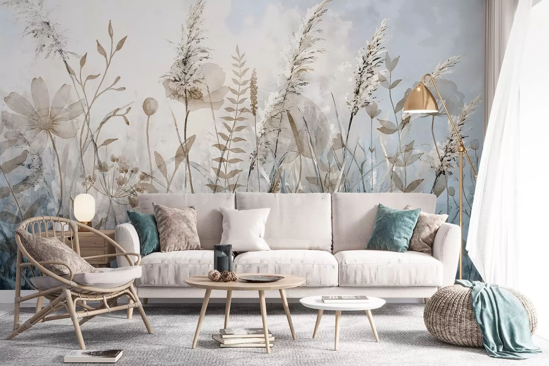 wall murals A field of tall grass, natural foliage and plants with soft, wispy textures against a hazy, overcast sky w08472