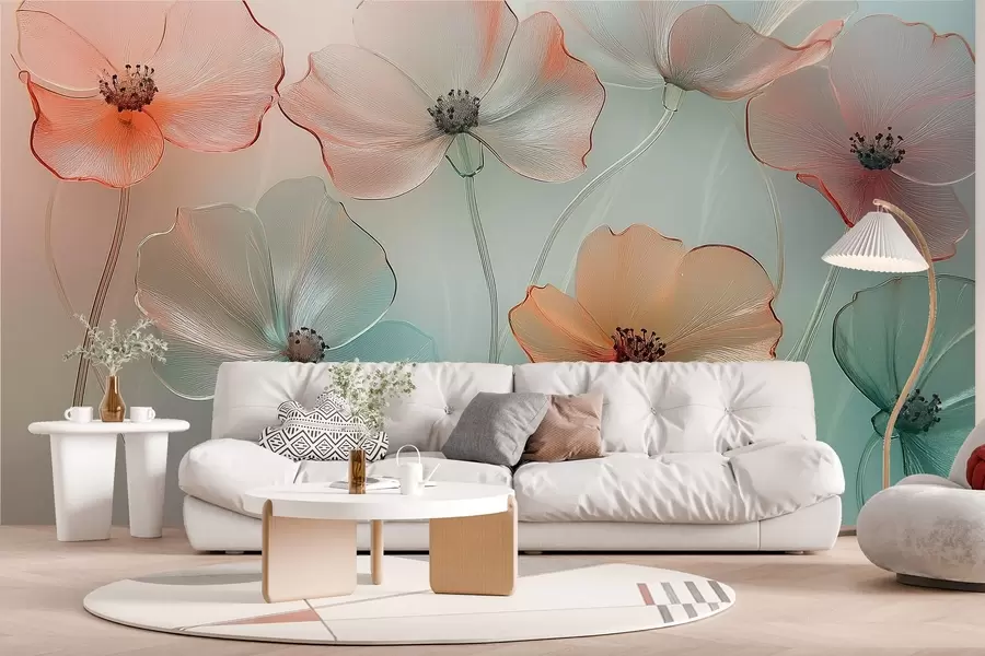 wall murals poppy flowers imitation glass in delicate colors w02519