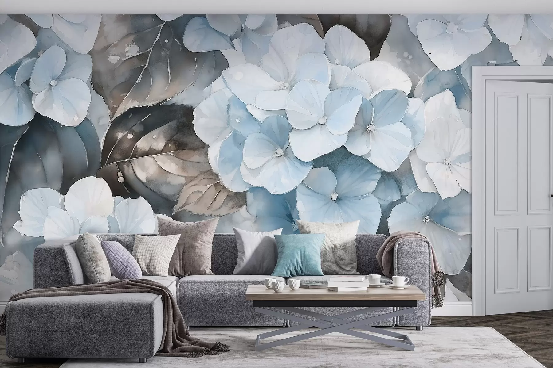 wall murals Hydrangea flowers, watercolor style drawing, blue colors, floral w02488v1