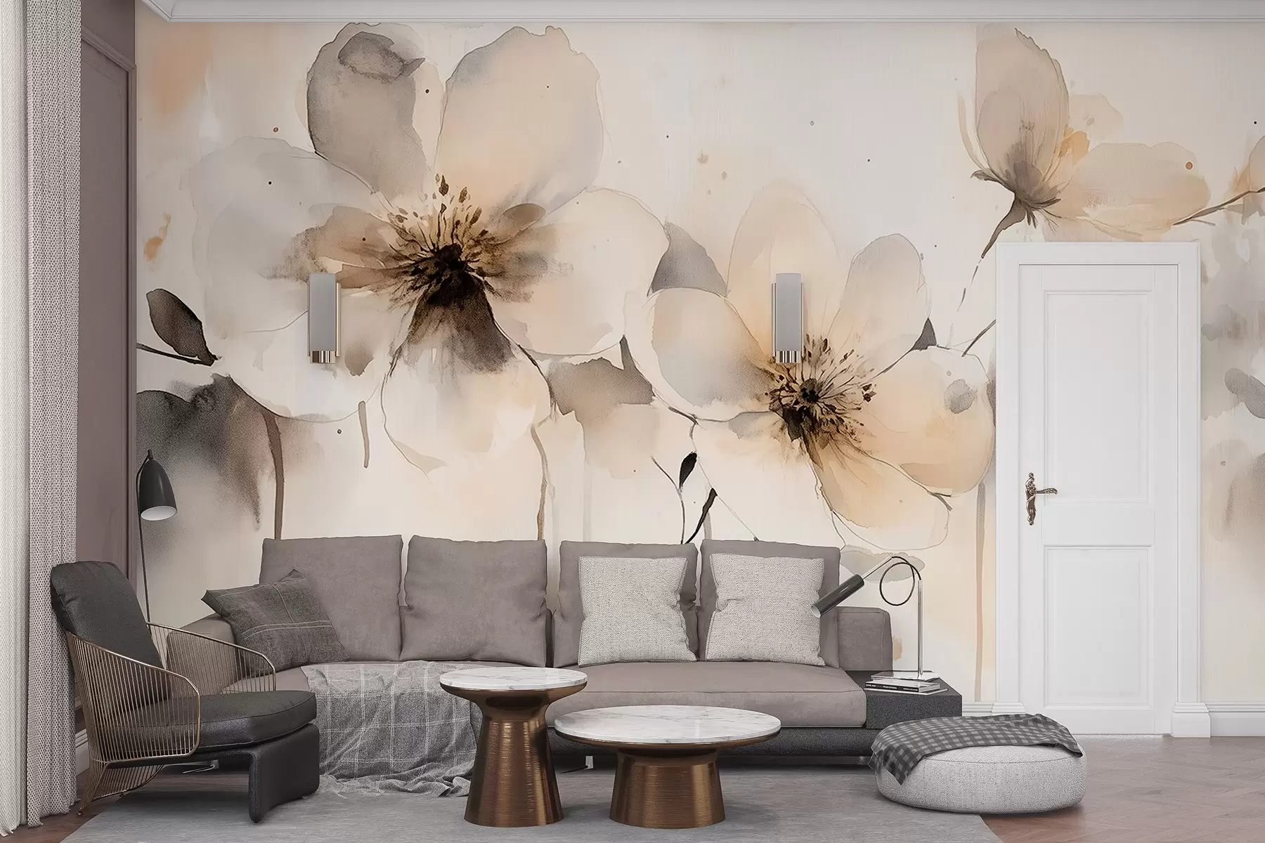 wall murals Meadow flowers, watercolor style drawing, beige color palette w02489