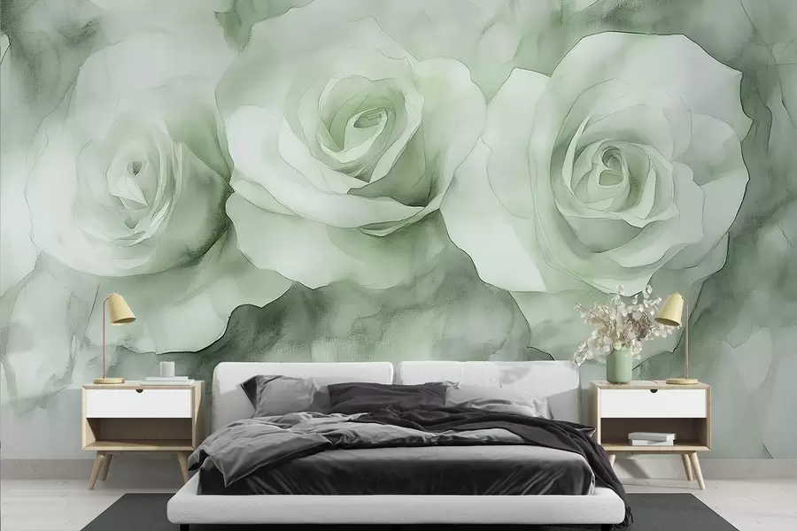 wall murals Beautiful roses, watercolor style, green colors, bohemian w02492v2