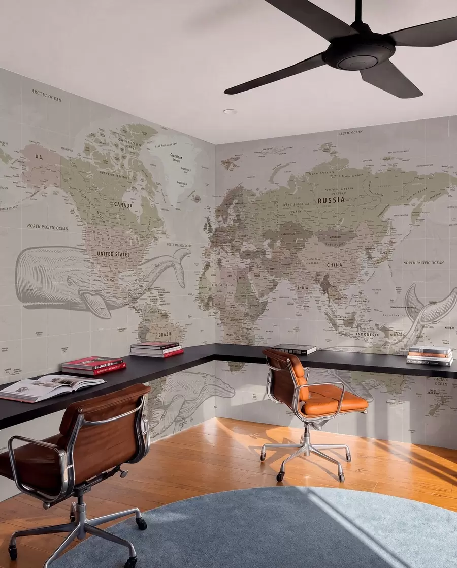 wall murals World map with whales u50449