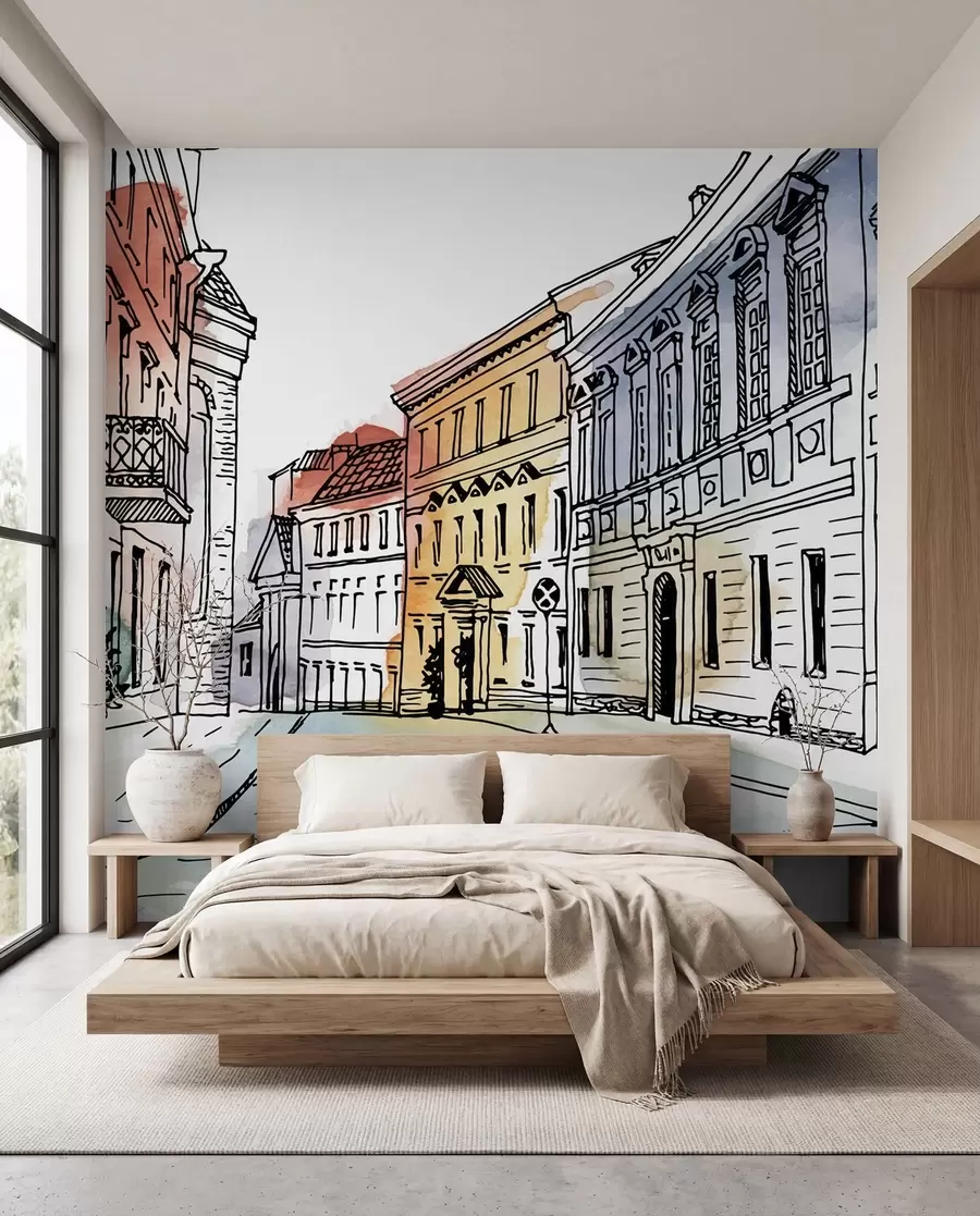 wall murals Old town, marker and watercolor u51062