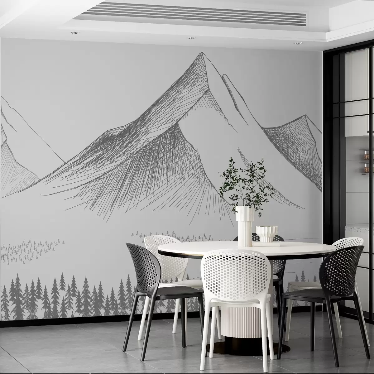 wall murals Mountains and forest, drawn in pencil w02536