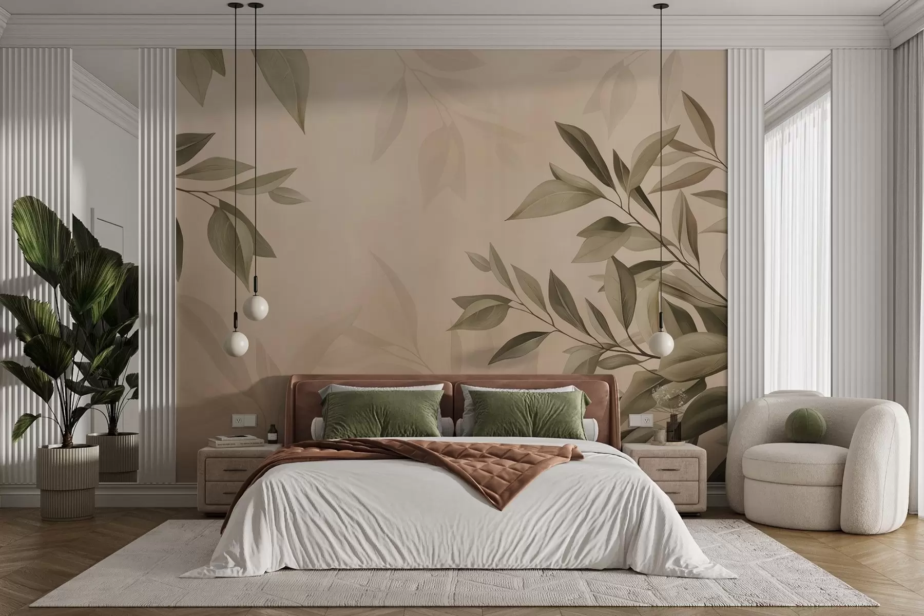 wall murals Olive-green leaves with a soft warm beige background w08499