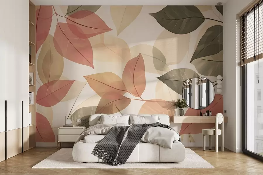 wall murals Branches of leaves in red and green tones w08502