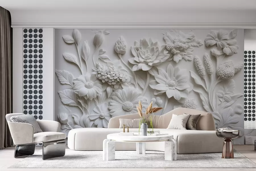 wall murals wallpaper in bas-relief style with garden flowers w02546