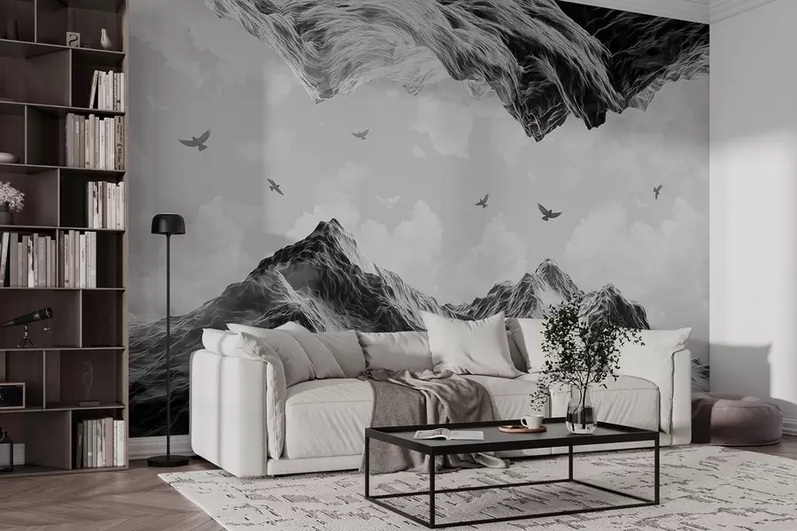wall murals Mountains landscape, realism, flying birds, nature, clouds, black and white colors w02514