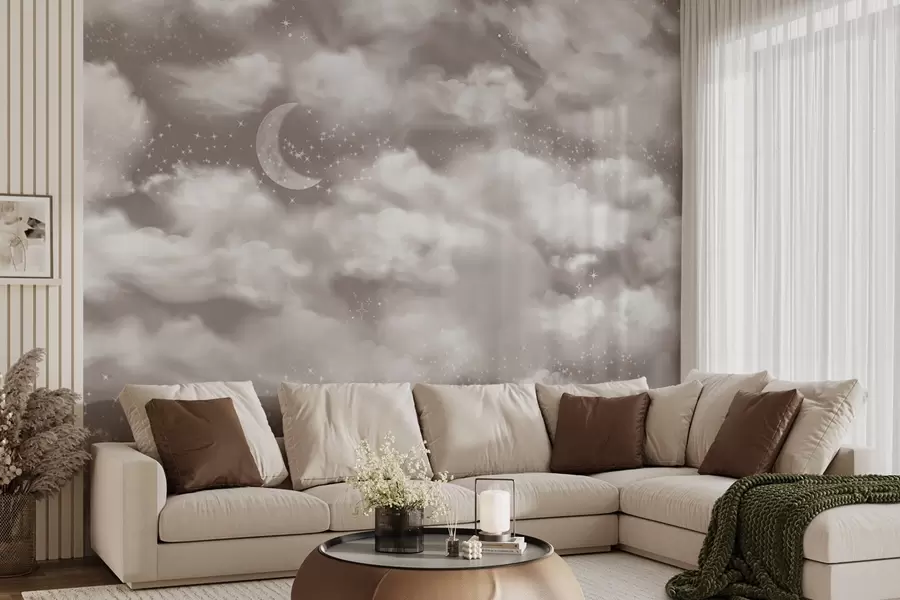 wall murals Starry sky with moon and clouds, dreamy, ethereal, soft beige colors w02515