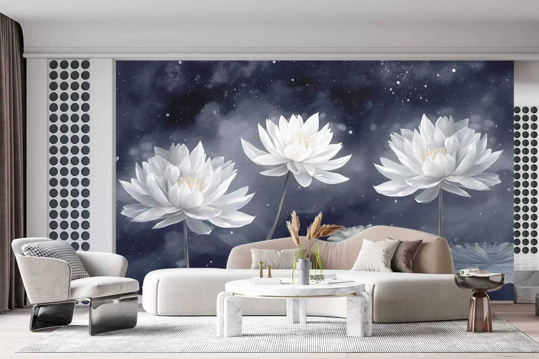 wall murals Three lotus flowers on a dark background w08506