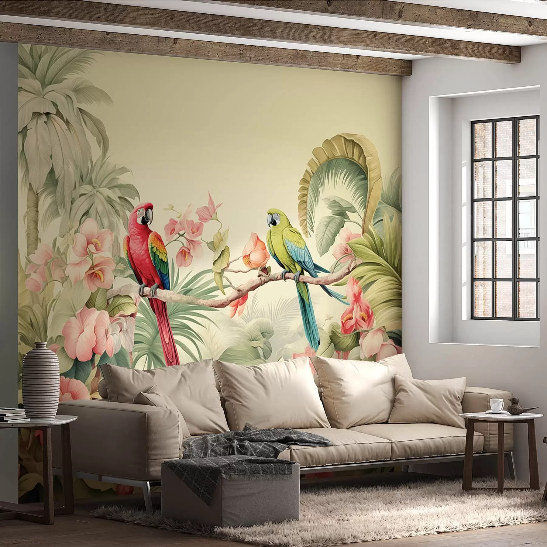 wall murals Two parrots in tropical bushes w08507