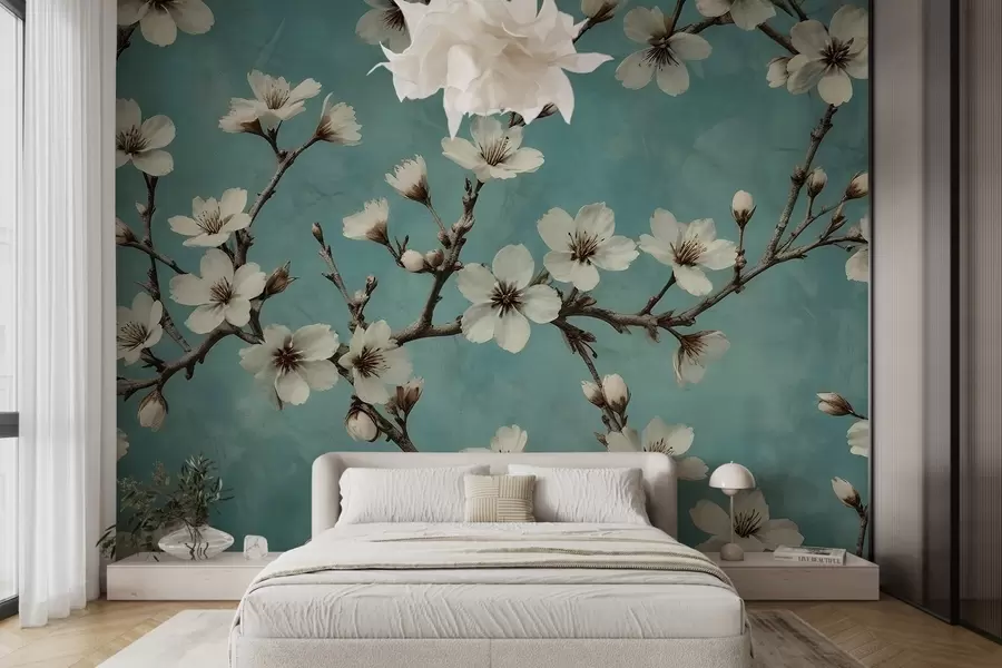 wall murals Blooming branches on a concrete background w02610
