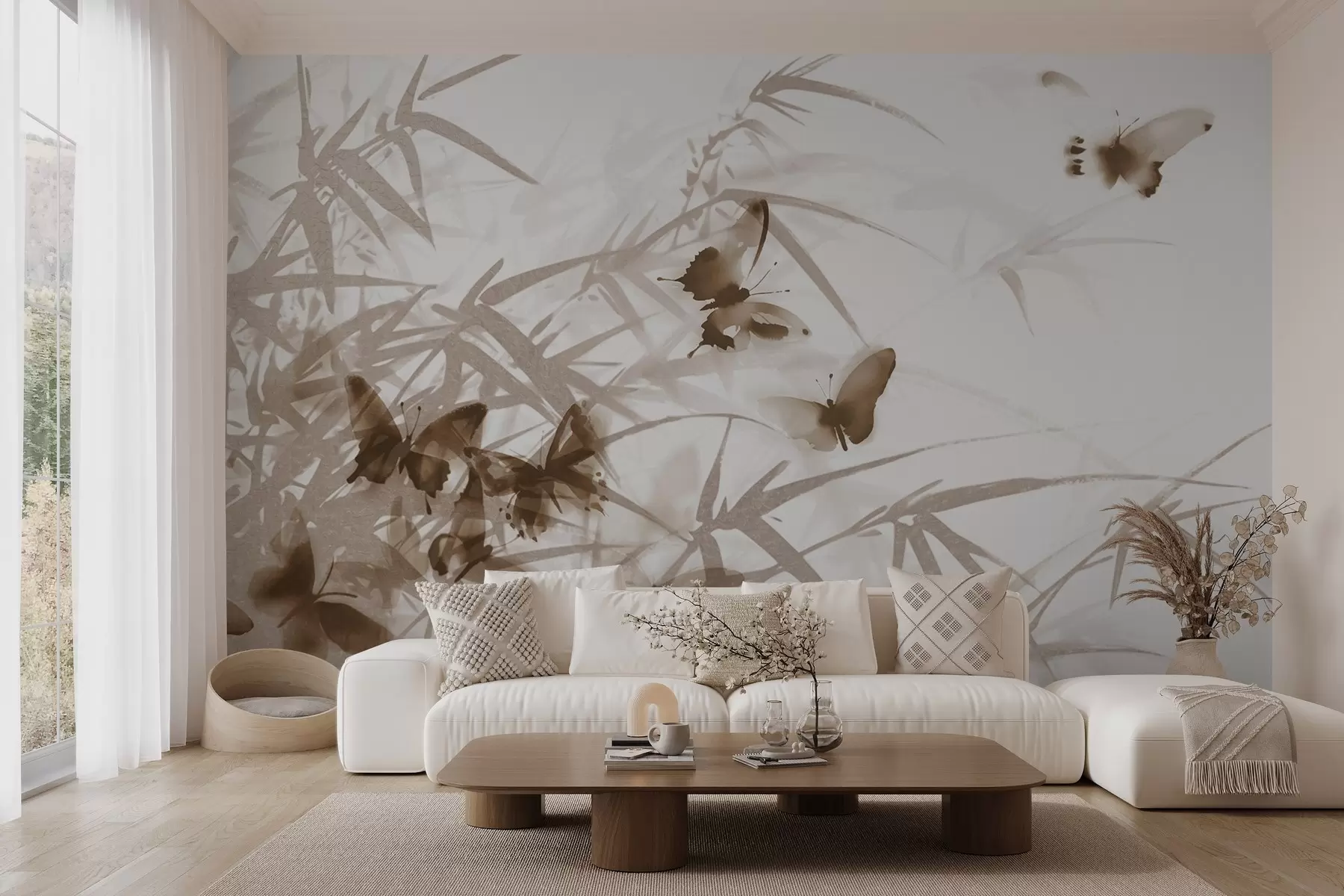 wall murals Textural bamboo leaves and stems with flying brown butterflies with transparent wings w08524v1