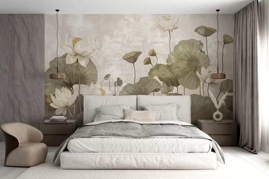 wall murals A field of white lotus flowers with large green leaves against a soft, hazy textural beige background w08527