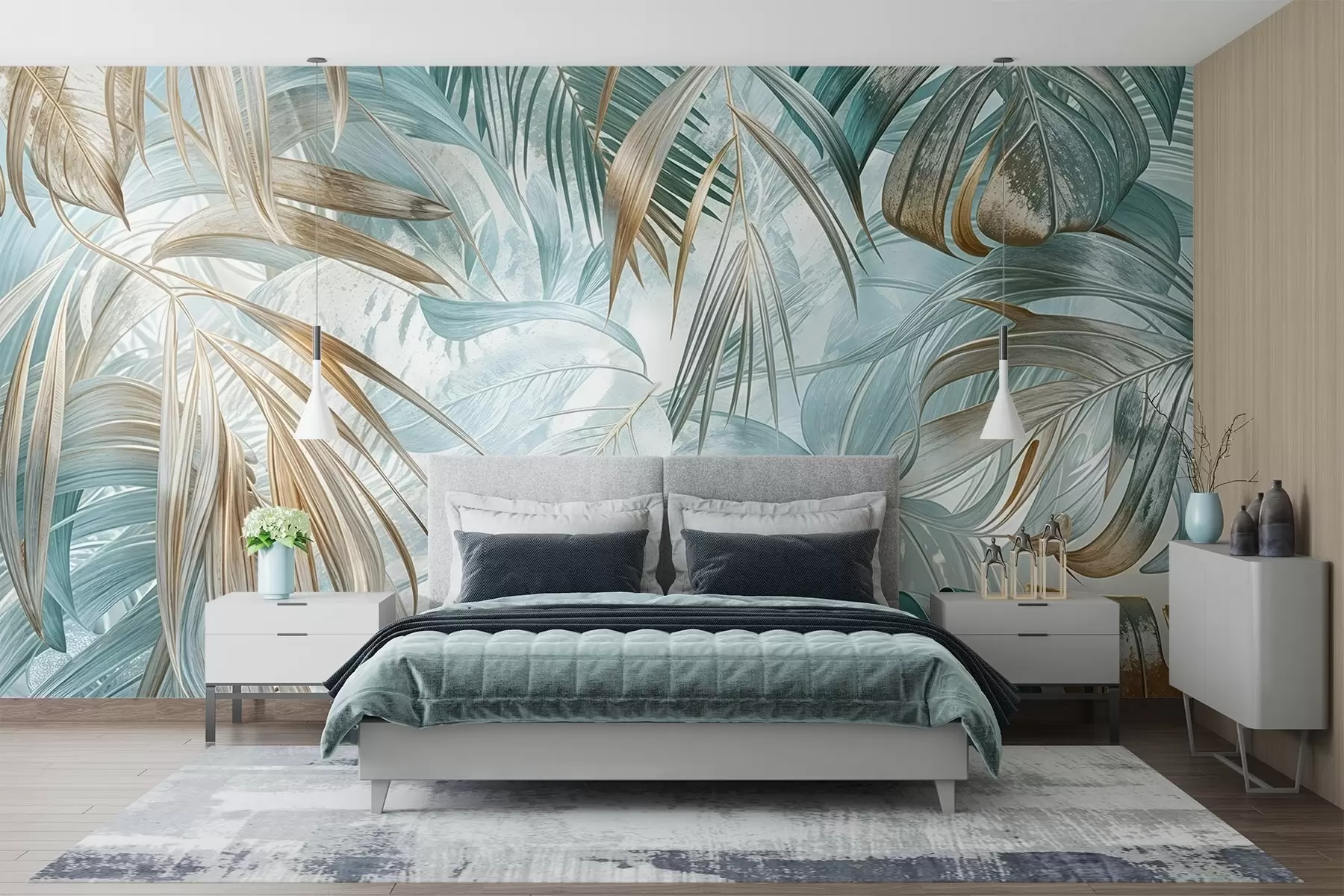 wall murals A tropical abstract floral print with large palm leaves in shades of blue and beige creates a lush atmosphere w08532
