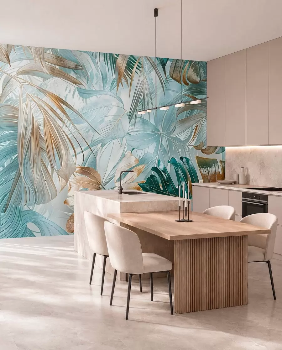 wall murals A tropical abstract floral print with large palm leaves in shades of blue and beige creates a lush atmosphere w08532