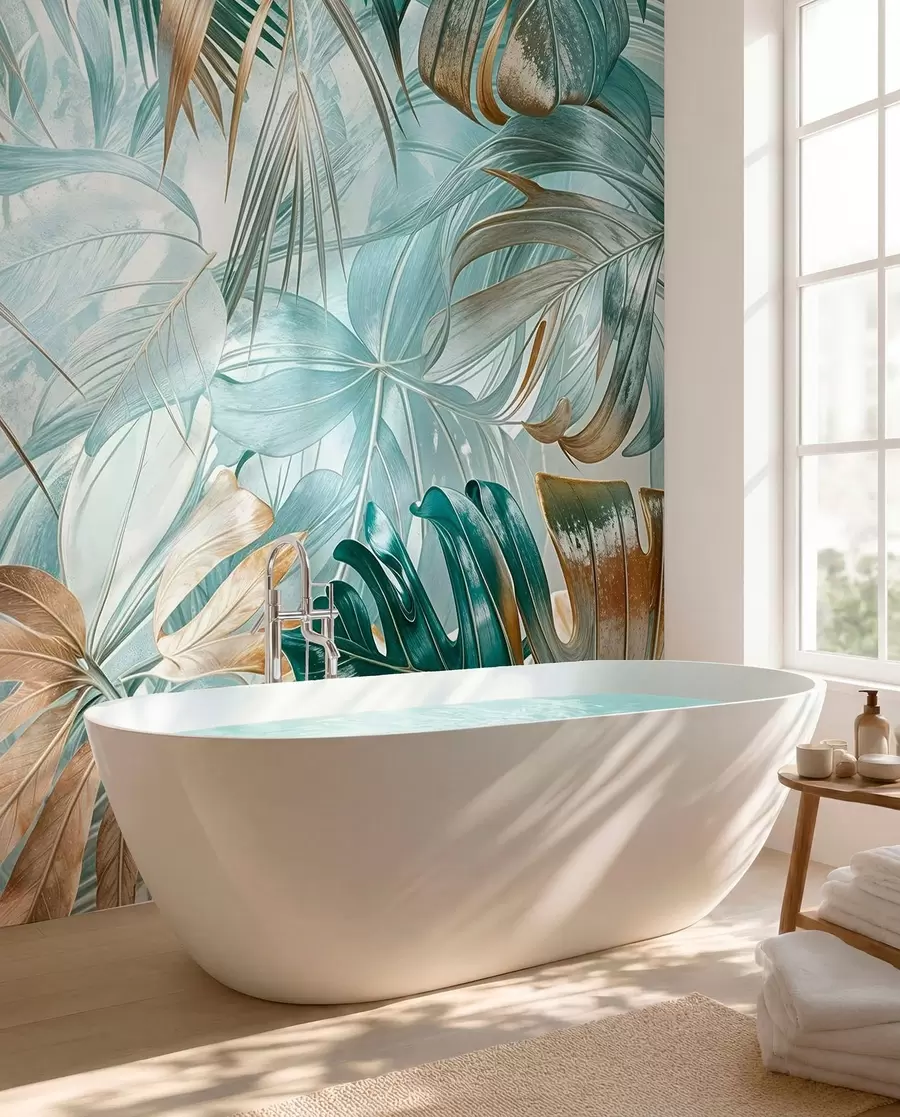 wall murals A tropical abstract floral print with large palm leaves in shades of blue and beige creates a lush atmosphere w08532