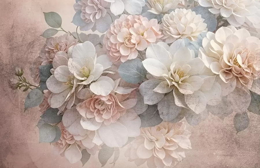 wall murals Soft textural print with peach and white peony flowers with green leaves on the beige background w08534