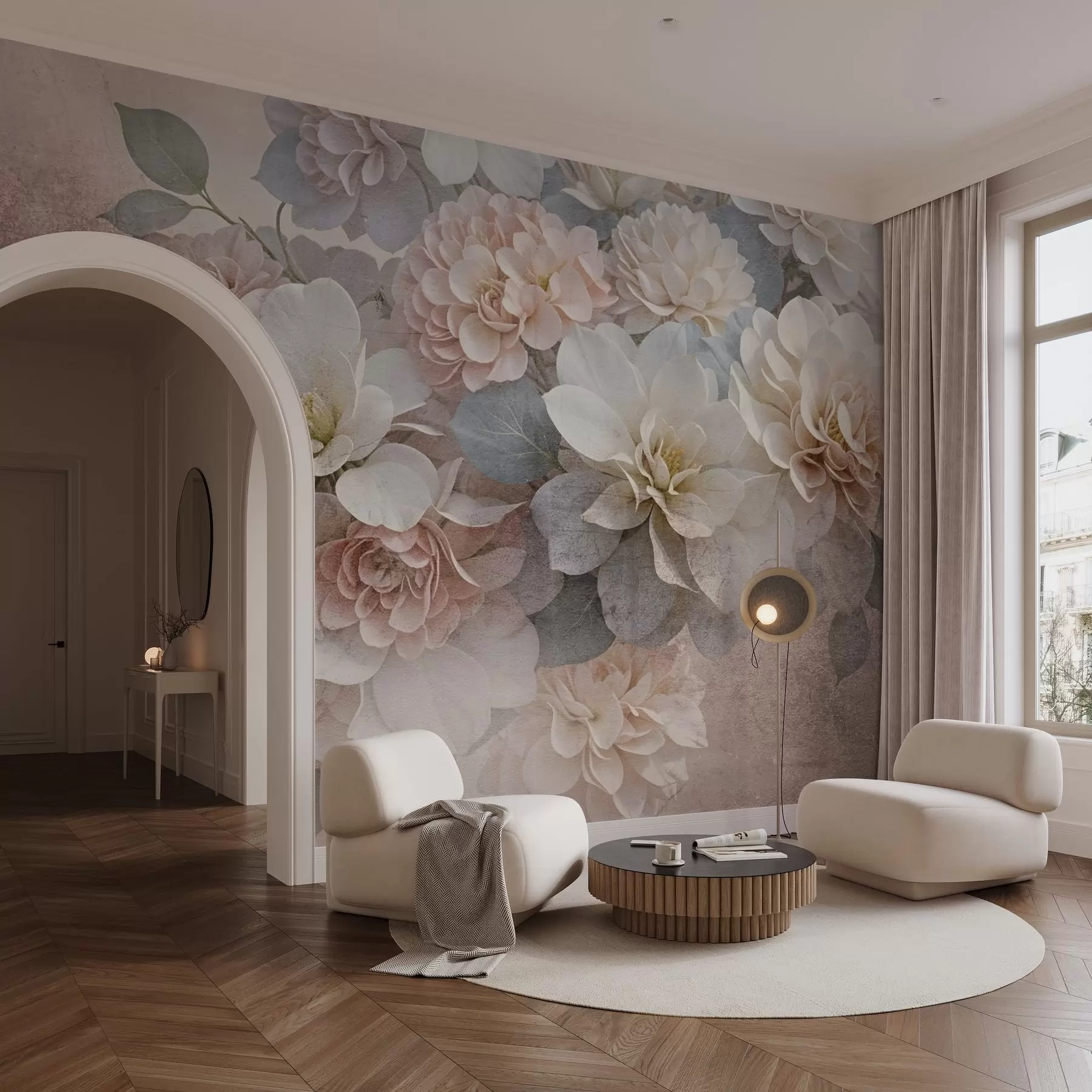 wall murals Soft textural print with peach and white peony flowers with green leaves on the beige background w08534