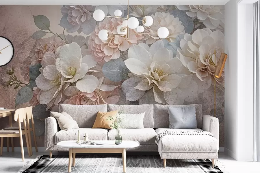 wall murals Soft textural print with peach and white peony flowers with green leaves on the beige background w08534