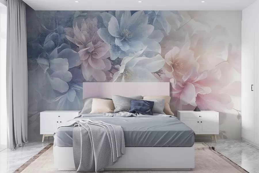 wall murals Soft, pastel-colored textural floral arrangement with large, delicate flowers in shades of pink, blue and white w08535