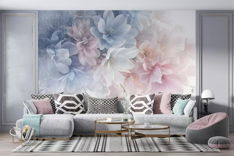 wall murals Soft, pastel-colored textural floral arrangement with large, delicate flowers in shades of pink, blue and white w08535