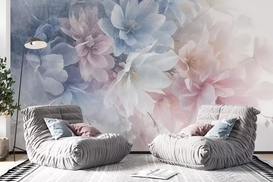 wall murals Soft, pastel-colored textural floral arrangement with large, delicate flowers in shades of pink, blue and white w08535