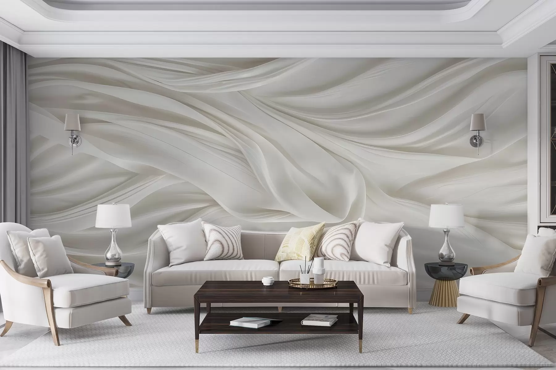 wall murals Modern print with imitation of smooth, flowing white fabric with soft, billowing folds and creases w08537