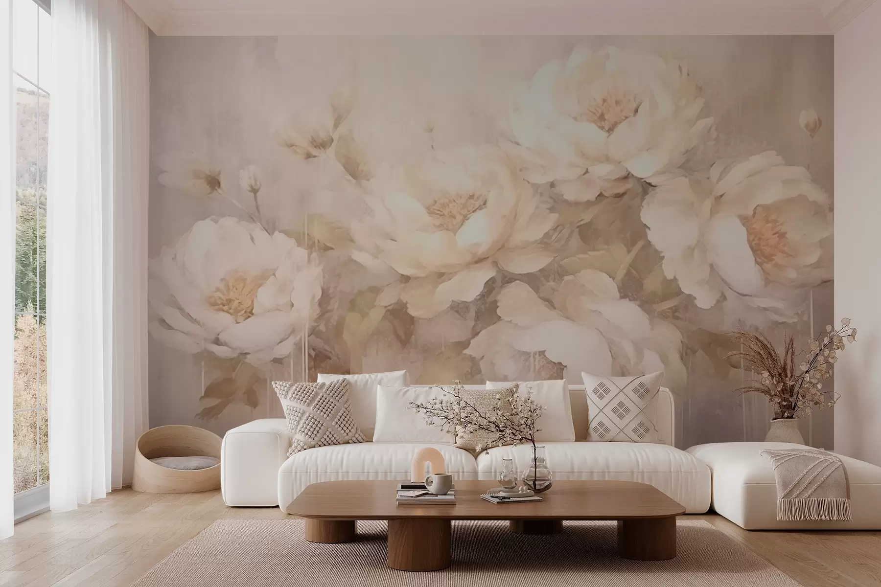 wall murals White peonies on a textured background w02571