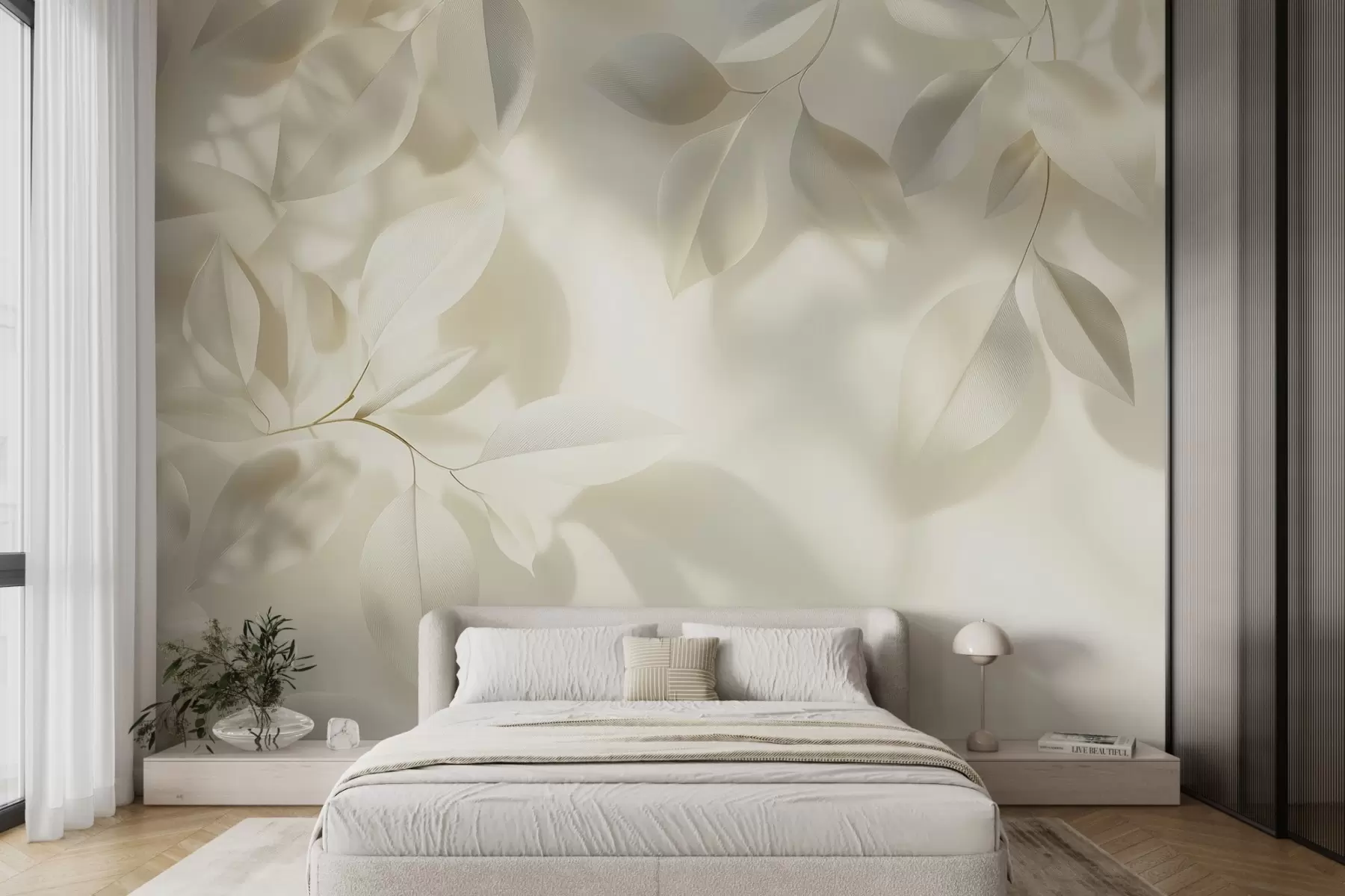 wall murals Hanging white branches with leaves against a wall with sunlight w08552