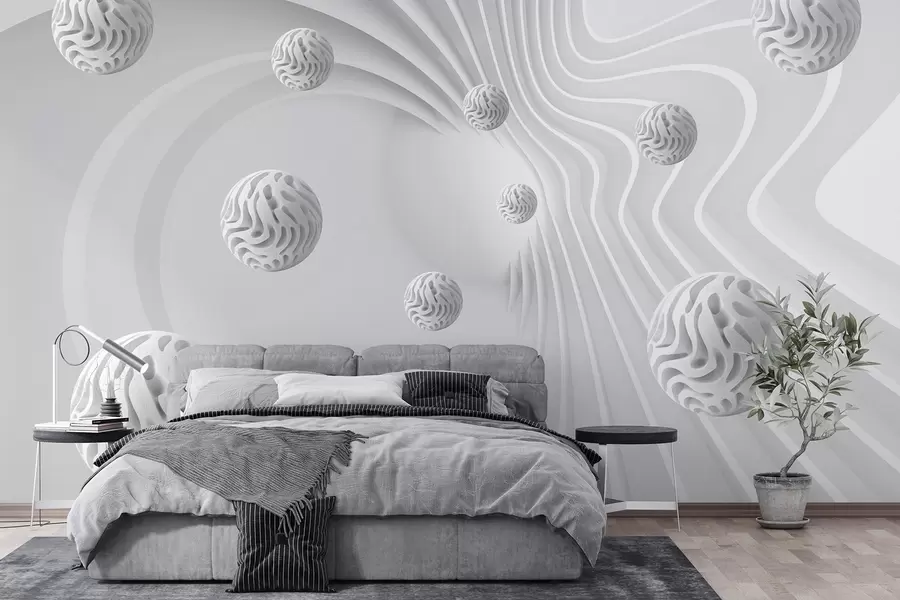 wall murals 3D gray abstraction with spheres and depth effect w08553
