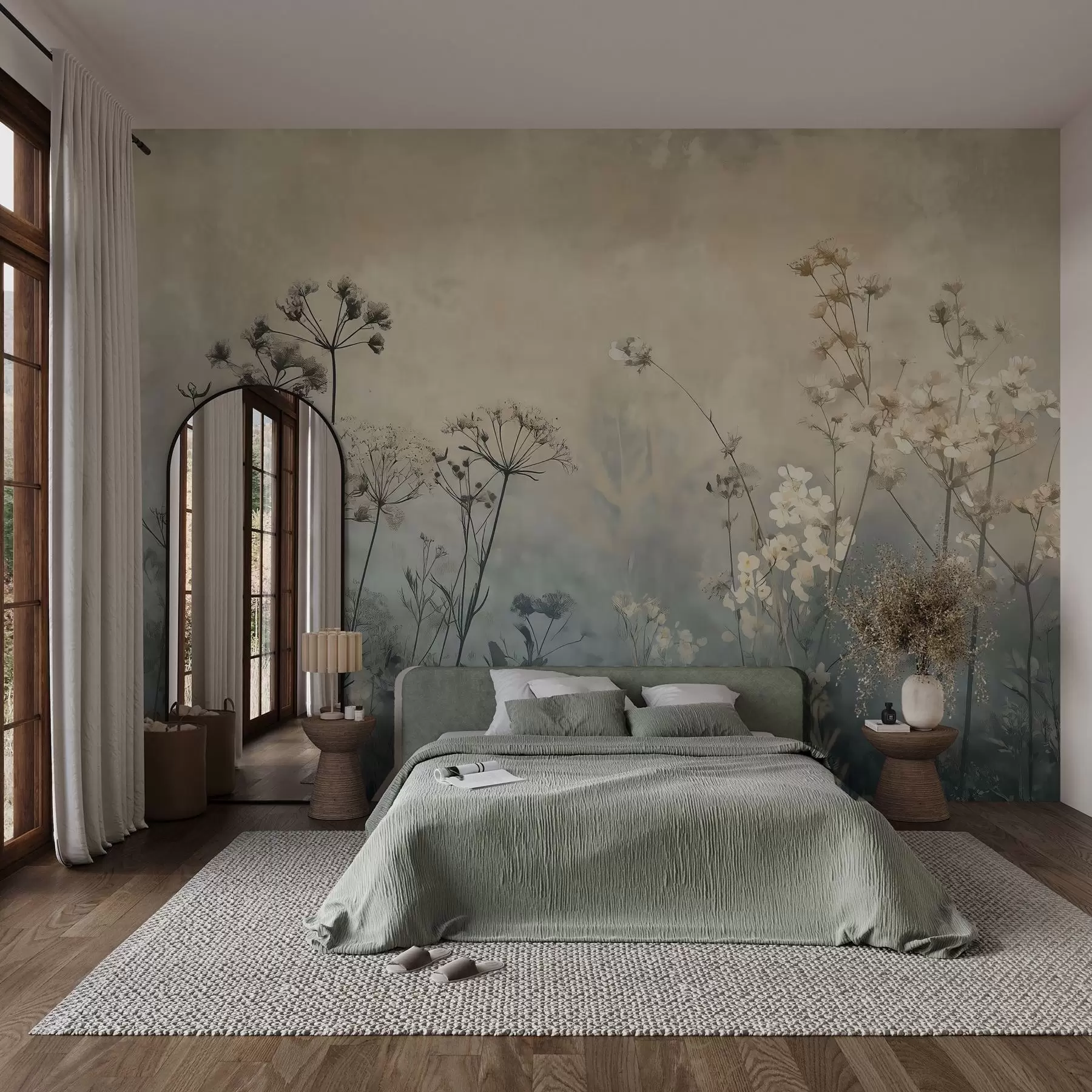 wall murals eco-style wallpaper with wildflowers and plants on a textured background w02685