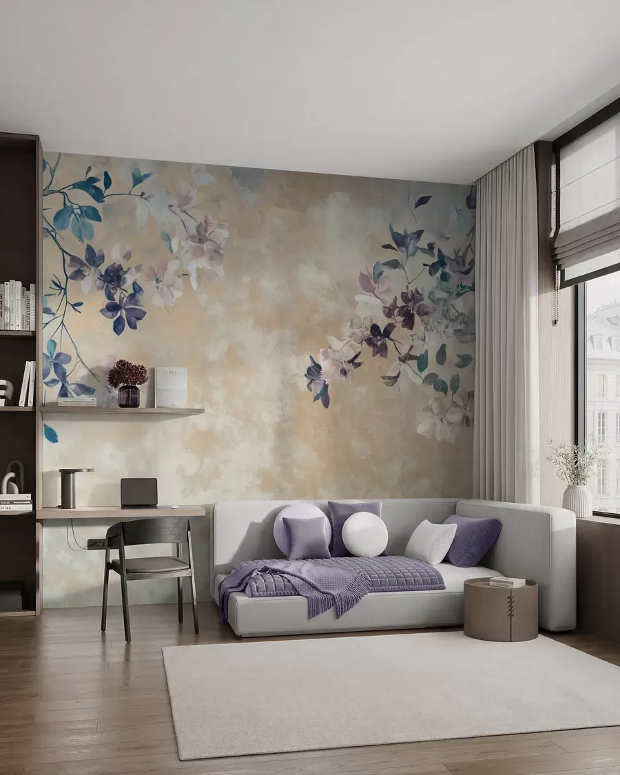 wall murals retro style wallpaper with branches and flowers w02686