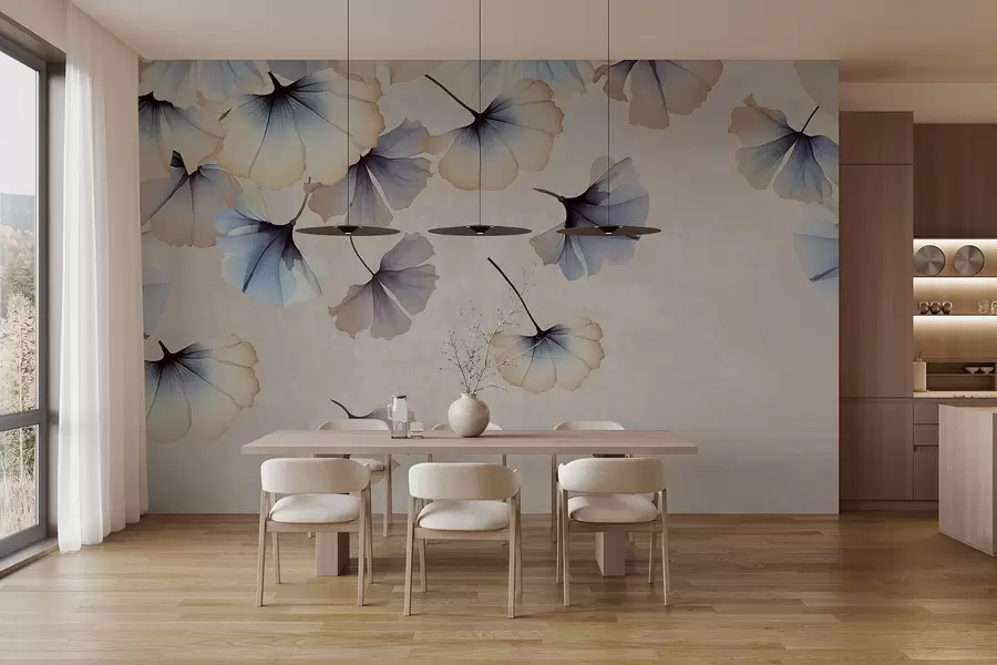 wall murals Pastel-colored blue and beige ginkgo leaves with delicate petals floating in the air against a textural background w08578