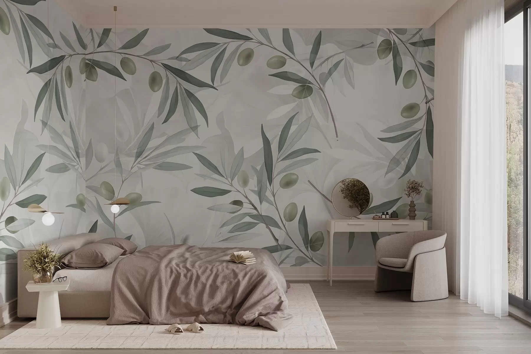 wall murals Olive branches with green leaves and olives on a light background w08576