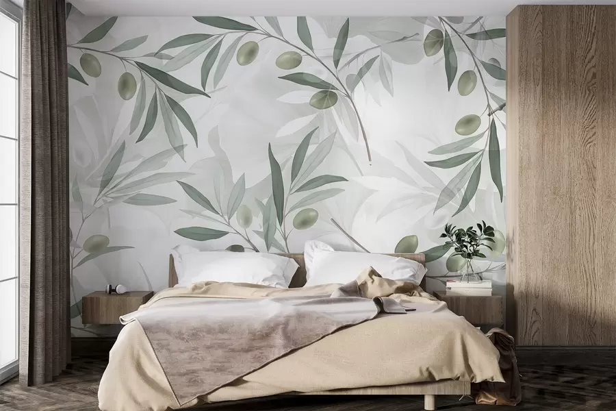 wall murals Olive branches with green leaves and olives on a light background w08576