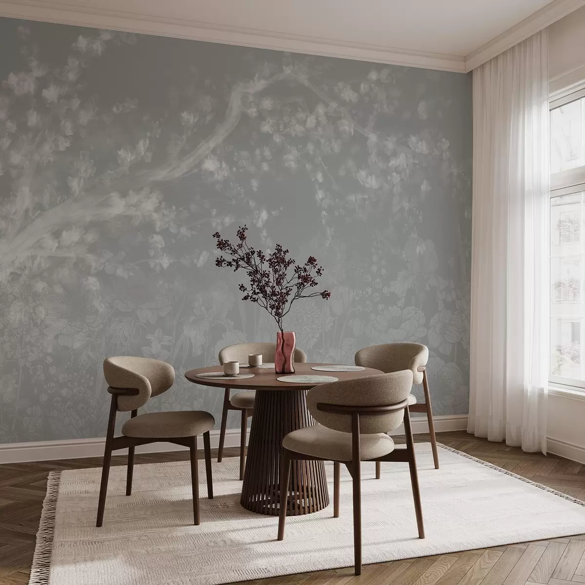 wall murals Blurry, out-of-focus print with a white hazy tree branches with soft light floral background w08581