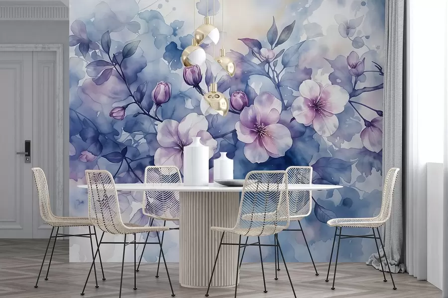 wall murals Delicate watercolor imitation pink and purple flowers with soft, blurred petals against a blue splash background w08582