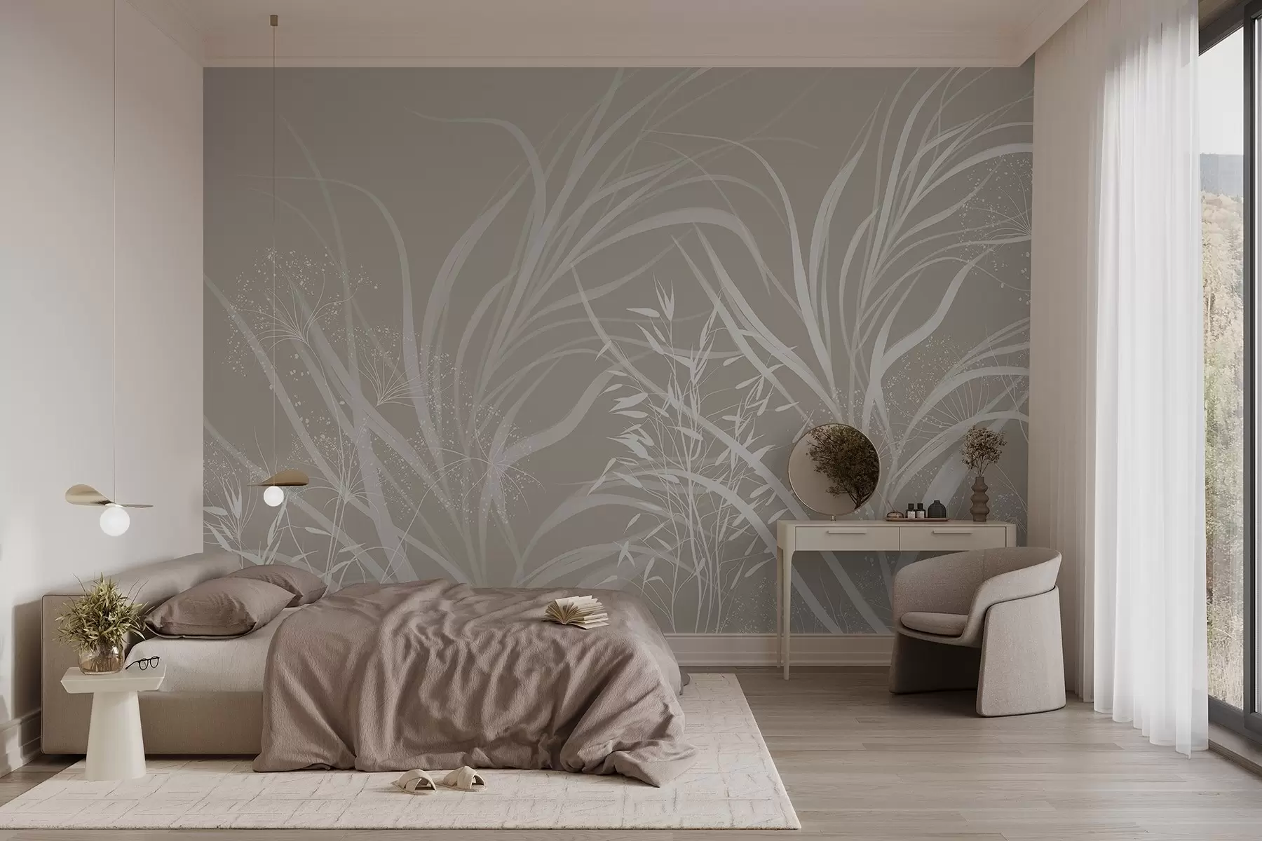 wall murals Delicate modern minimalistic white floral print on a light pastel-beige background w08583