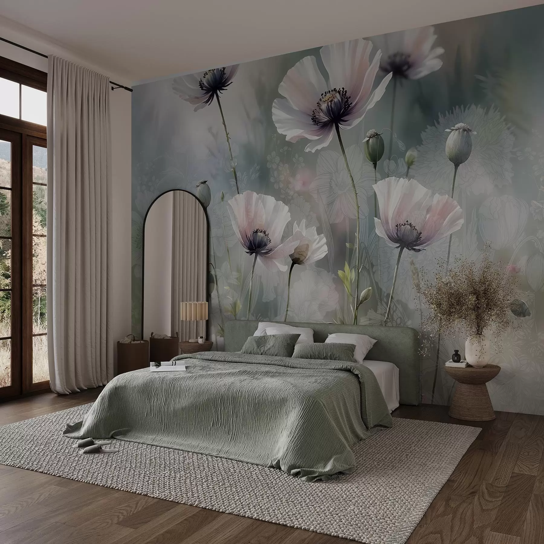 wall murals Delicate pink and purple poppies with green stems and buds against a soft, blurred textured background w08585