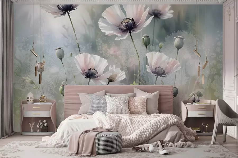 wall murals Delicate pink and purple poppies with green stems and buds against a soft, blurred textured background w08585