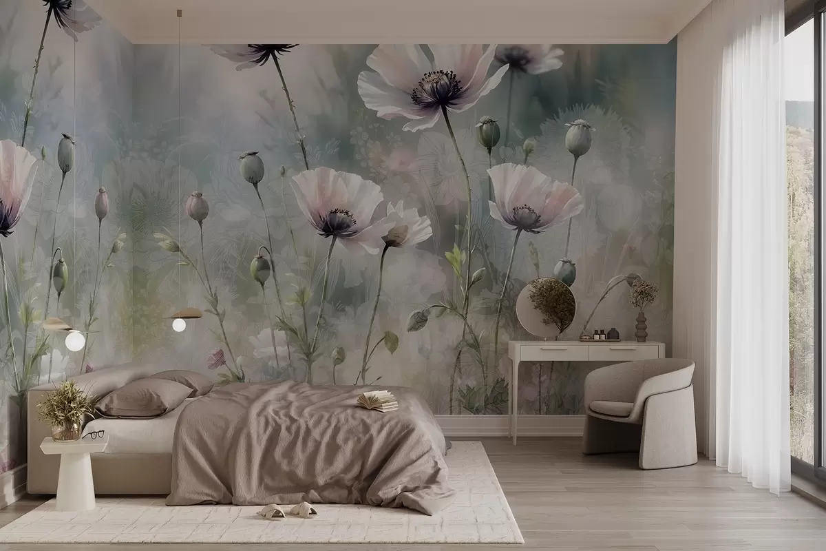 wall murals Delicate pink and purple poppies with green stems and buds against a soft, blurred textured background w08585