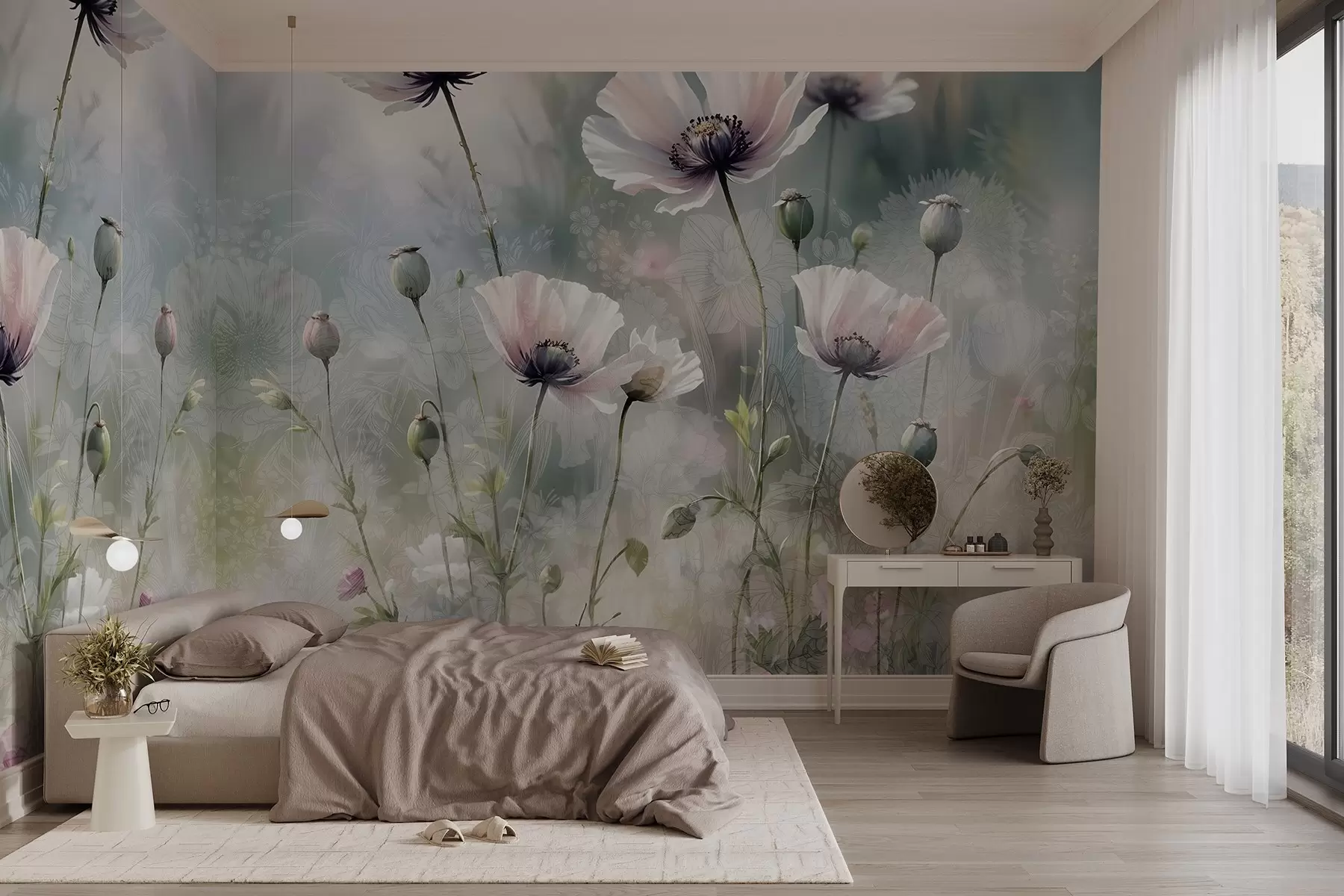 wall murals Delicate pink and purple poppies with green stems and buds against a soft, blurred textured background w08585