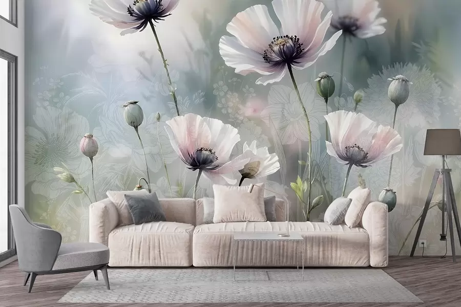 wall murals Delicate pink and purple poppies with green stems and buds against a soft, blurred textured background w08585