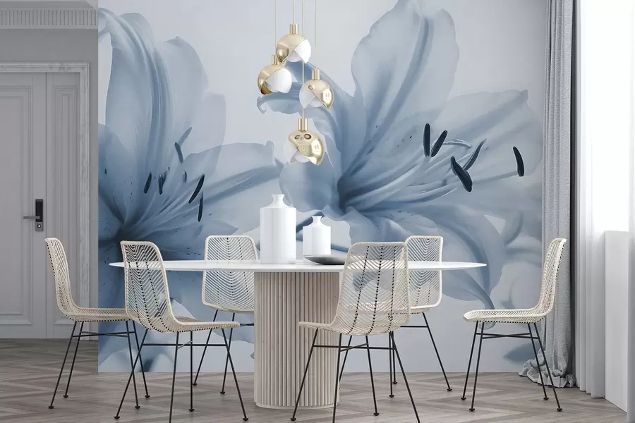 wall murals Soft focus close-up of blue minimalistic lily flowers against a light background w08586