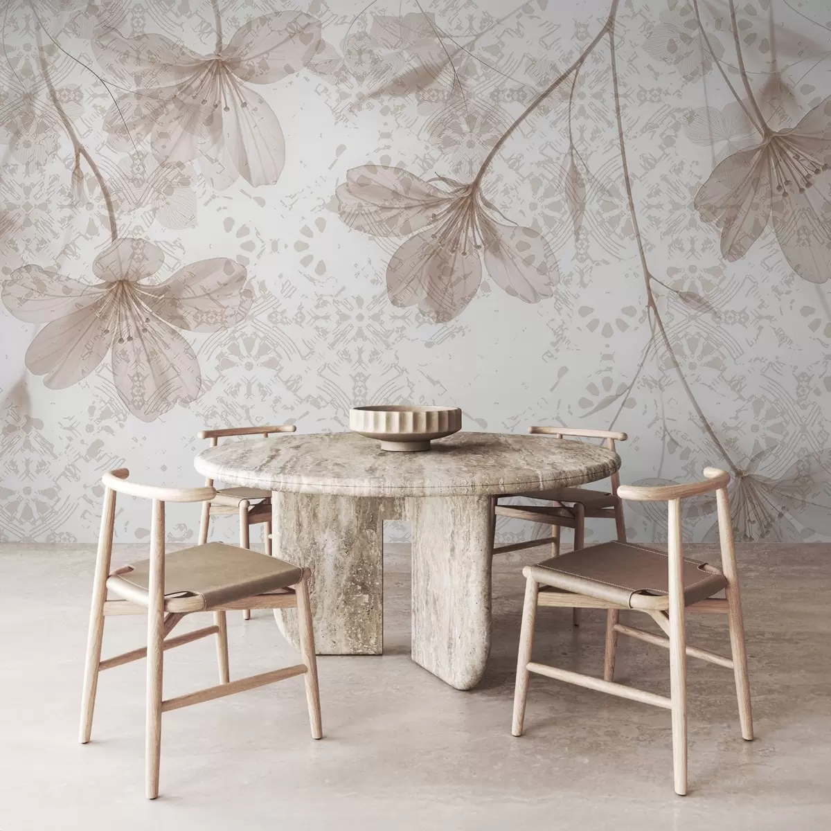 wall murals Delicate beige and white flowers with long stems and petals against a soft, blurred textural background w08588v1